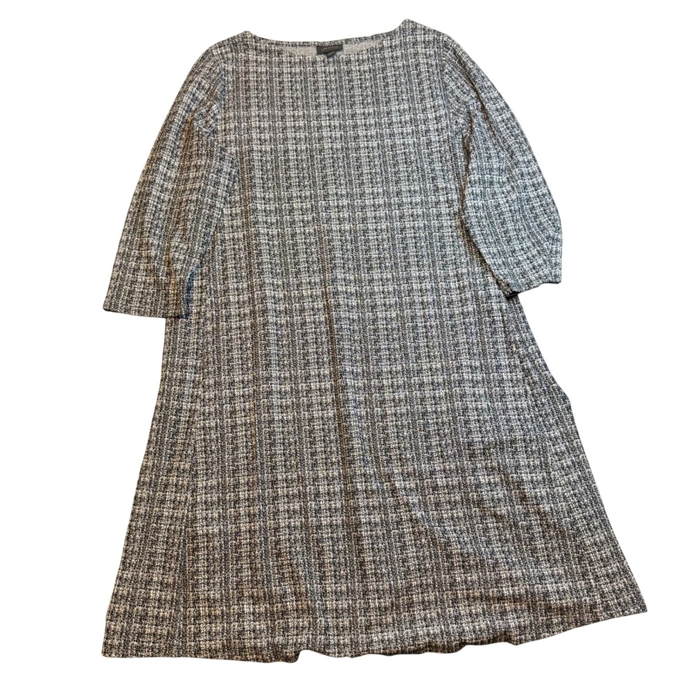 J. Jill‎ Wearever Black White Tweed Print Knit A-Line Dress Large 3/4 Sleeve L